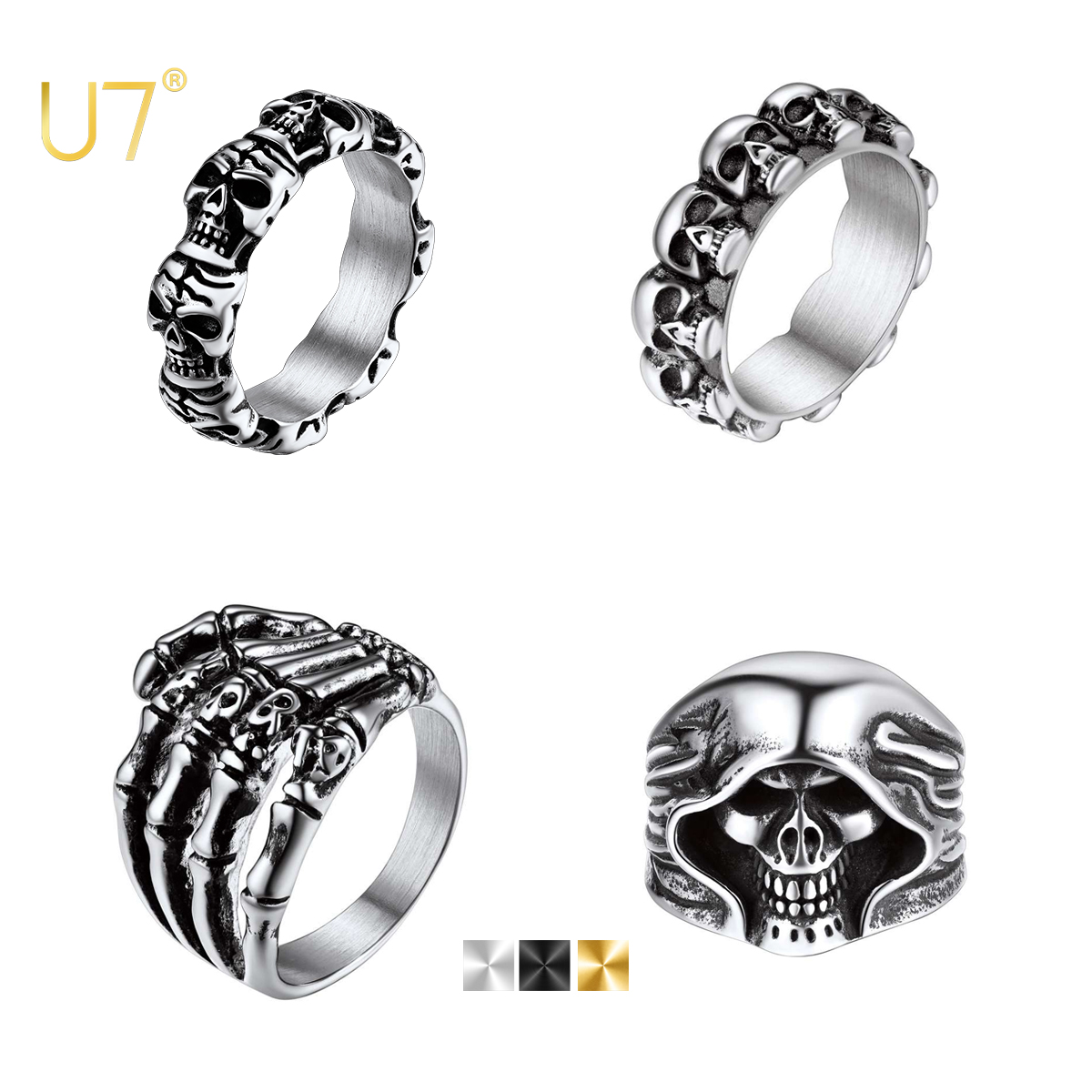 Vintage Fashion Stores - U7 Stainless Steel Skulls Rings for